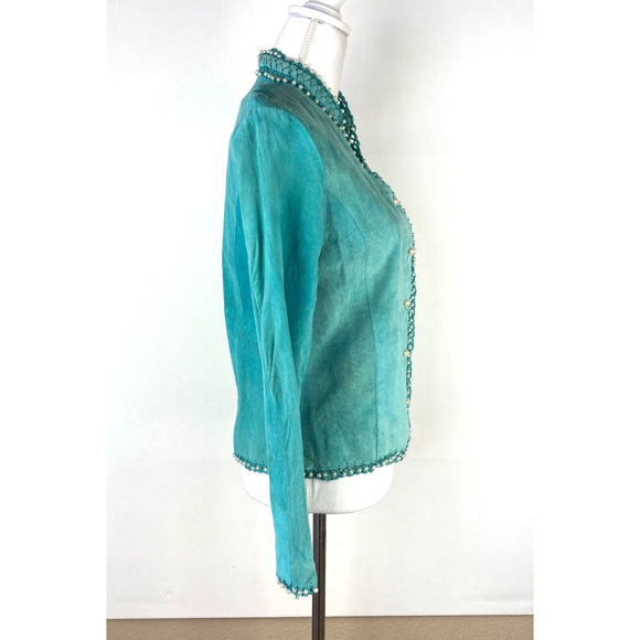 Sophie Chang Studio Suede Jacket Turquoise w Pearl Crochet Trim Sz 10 - Picture 2 of 8